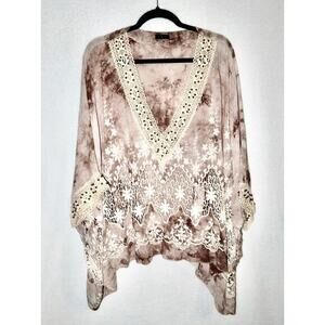 Samar Oversized Crochet‎ Beaded Batwing V-Neck 100% Viscose Tie-Dye Blouse